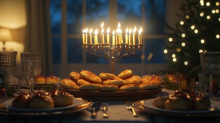 Obraz premium A traditional Hanukkah table set with latkes, sufganiyot, and a menorah in the center