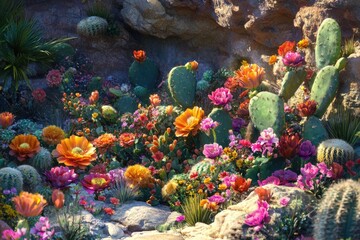 A beautiful cactus garden featuring a variety of vibrant flowers