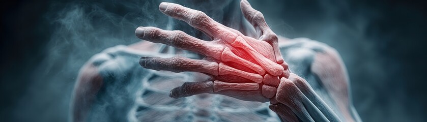 Anatomical illustration of a skeletal hand depicting muscle tissue, with a dark smoky background.