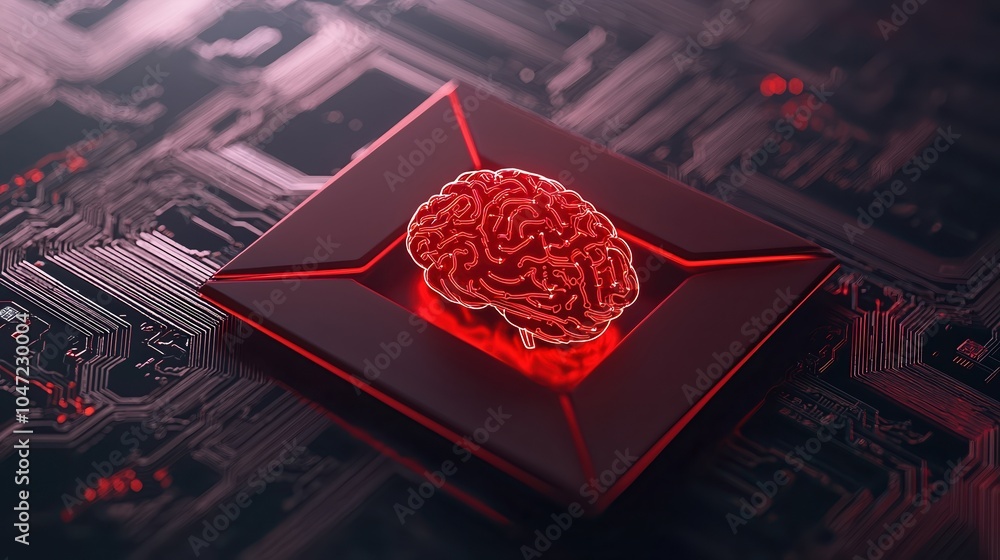 Poster artificial intelligence concept with a glowing brain on a circuit board.