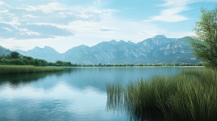 Fototapeta premium A tranquil nature scene with a serene lake and mountains in the background