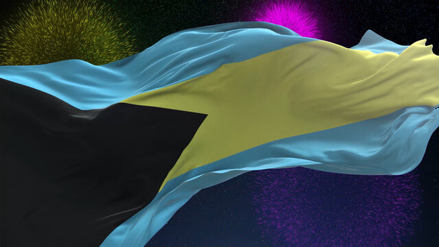 Bahamas flag - Waving flag on celebrating fireworks for national holiday day. Ceremony for patriotic celebration of nation  - Powered by Adobe