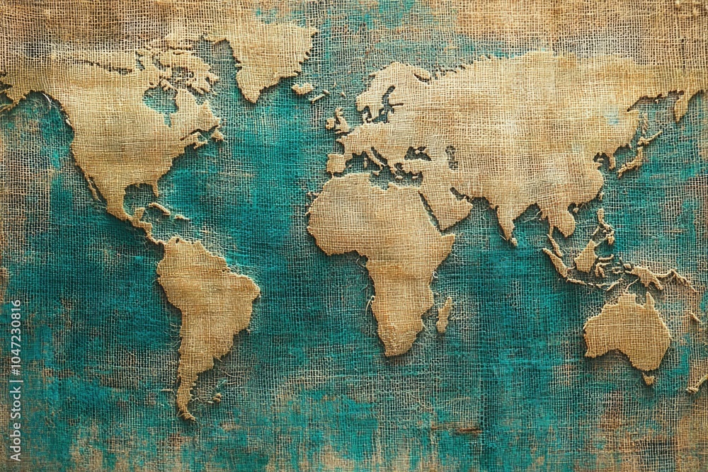 Poster a map of the world painted on a canvas with artistic brushstrokes