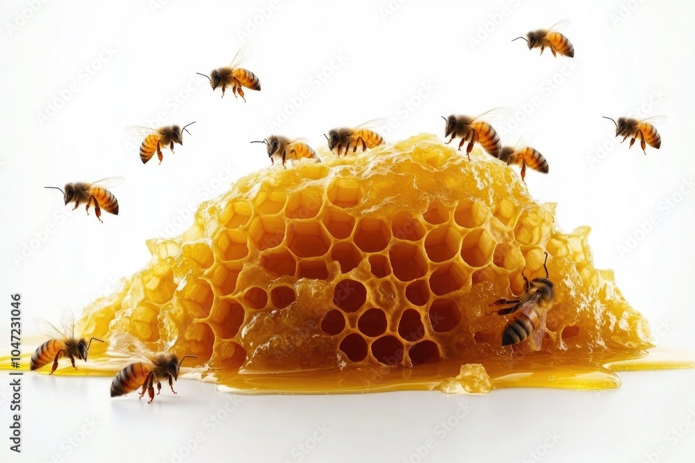 Poster a cluster of bees buzzing around a honeycomb, a busy hive scene
