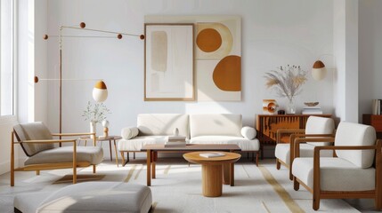 A retro-modern living room design featuring a white canvas backdrop, Styled with minimalist furniture arrangements, Retro-modern minimalist style