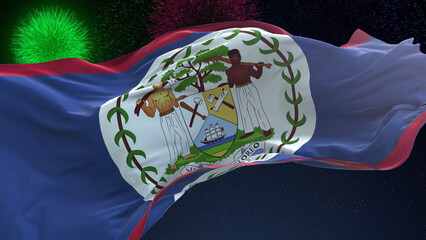 Belize flag - Waving flag on celebrating fireworks for national holiday day. Ceremony for patriotic...