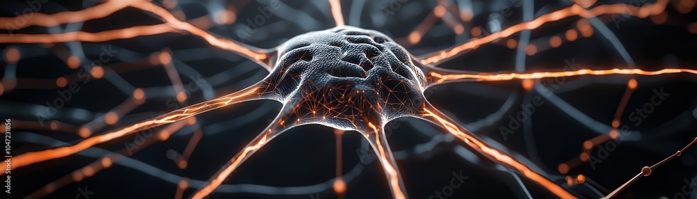 Aufkleber close-up of neural network structure highlighting synapses and connections on a dark background.