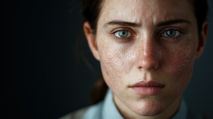 Obraz premium Close-up portrait of a woman with intense expression and detailed skin texture.