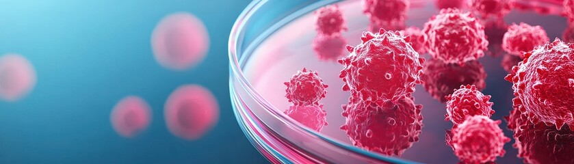Close-up of petri dish with red cells, blue background, highlighting microbiological research.