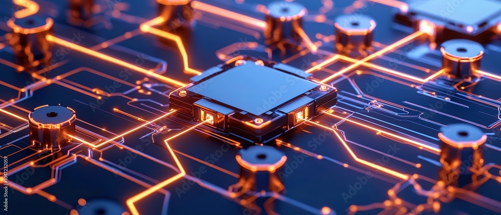 Poster close-up view of a circuit board with glowing connections and a central processing unit.