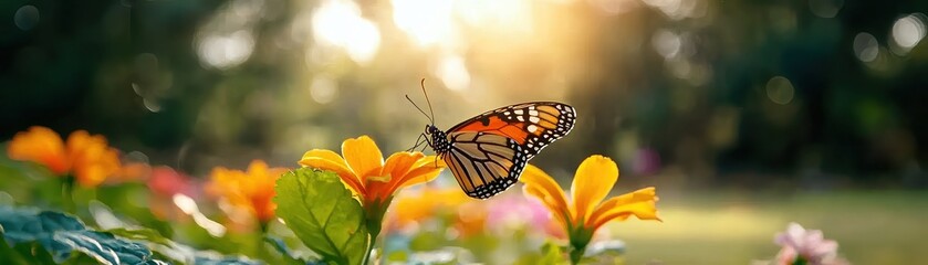 Fototapeta premium Colorful butterfly perched on vibrant flowers in a sunlit garden, showcasing nature's beauty and serenity.