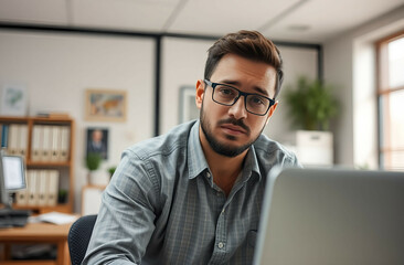Obraz premium depressed, frustrated, tired and exhausted young male employee at work