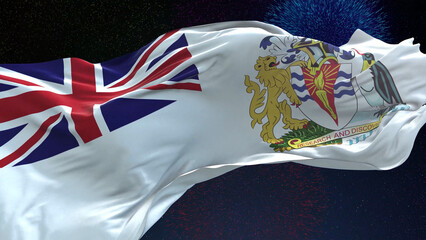 Fototapeta premium British Antarctic commercial flag - Waving flag on celebrating fireworks for national holiday day. Ceremony for patriotic celebration of nation 