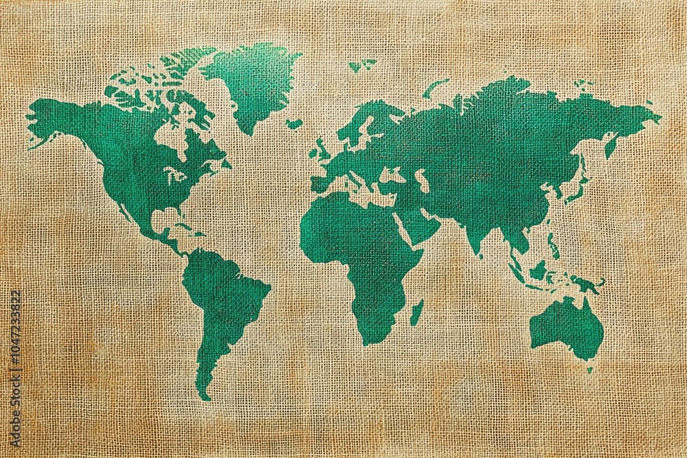 Poster A large-scale map of the world printed on a vintage-style burlap canvas