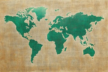 Fototapeta premium A large-scale map of the world printed on a vintage-style burlap canvas