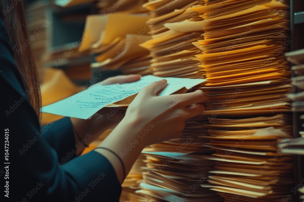 Poster a person holding a piece of paper near a stack of papers, ideal for use in office or work-related sc