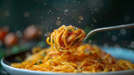 A black plate with spaghetti with tomato sauce and parsley.