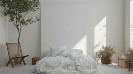 A romantic minimalist bedroom adorned with a white canvas backdrop, Elegant furniture arrangement in a softly lit room, Romantic minimalism style