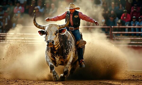 Cowboy riding a bull in a rodeo event, showcasing skill.