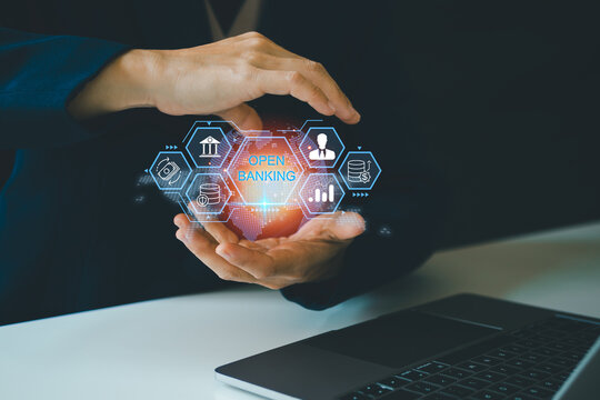 Open Banking Online Finance Concept. Open banking financial technology fintech concept. businesswoman with virtual screen of open banking icon. api financial technology, fintech.