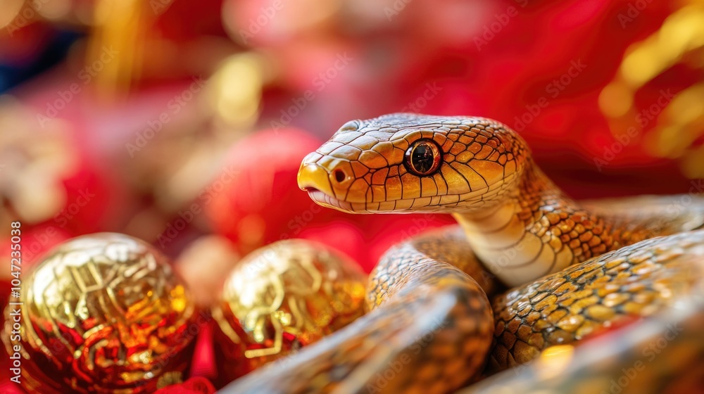 Poster a close-up view of a realistic snake figurine on a table, great for decorating or as a prop in creat