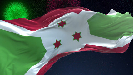 Burundi flag - Waving flag on celebrating fireworks for national holiday day. Ceremony for...