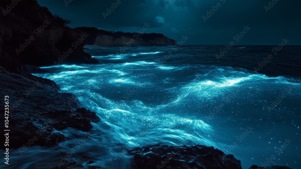 Poster water with bioluminescence: a scene where water glows with bioluminescent light, possibly in the oce