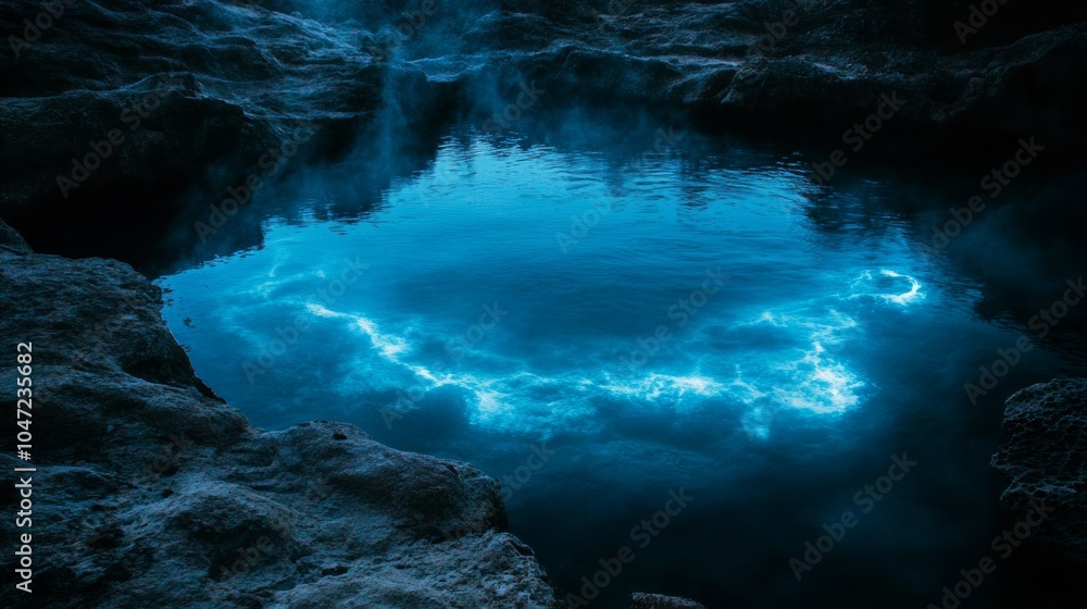 Poster water with bioluminescence: a scene where water glows with bioluminescent light, possibly in the oce