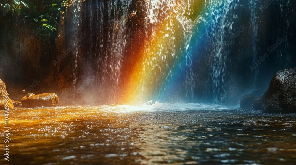 Poster Water with rainbow: Water in a scene where a rainbow is visible, possibly created by mist from a waterfall or fountain, adding a magical and colorful element.