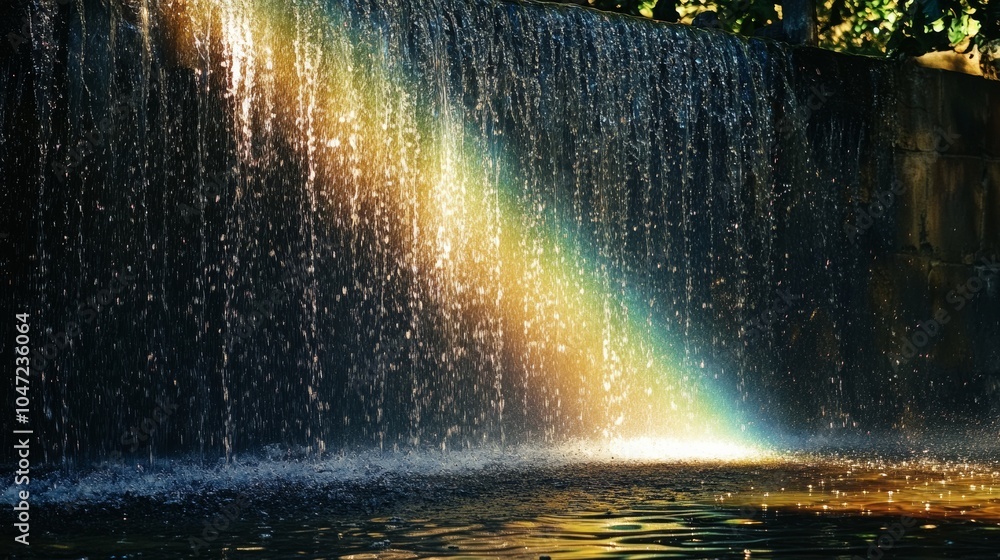 Poster Water with rainbow: Water in a scene where a rainbow is visible, possibly created by mist from a waterfall or fountain, adding a magical and colorful element.