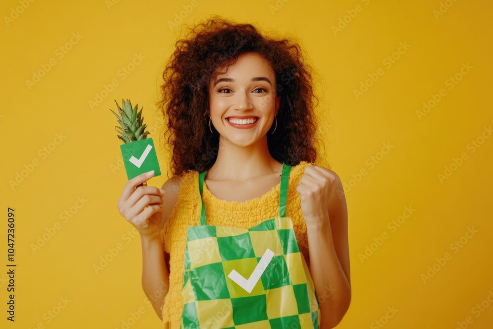 Poster a woman holds a pineapple and makes a satisfied gesture with a checkmark