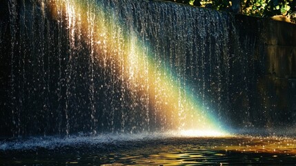 Naklejka premium Water with rainbow: Water in a scene where a rainbow is visible, possibly created by mist from a waterfall or fountain, adding a magical and colorful element.