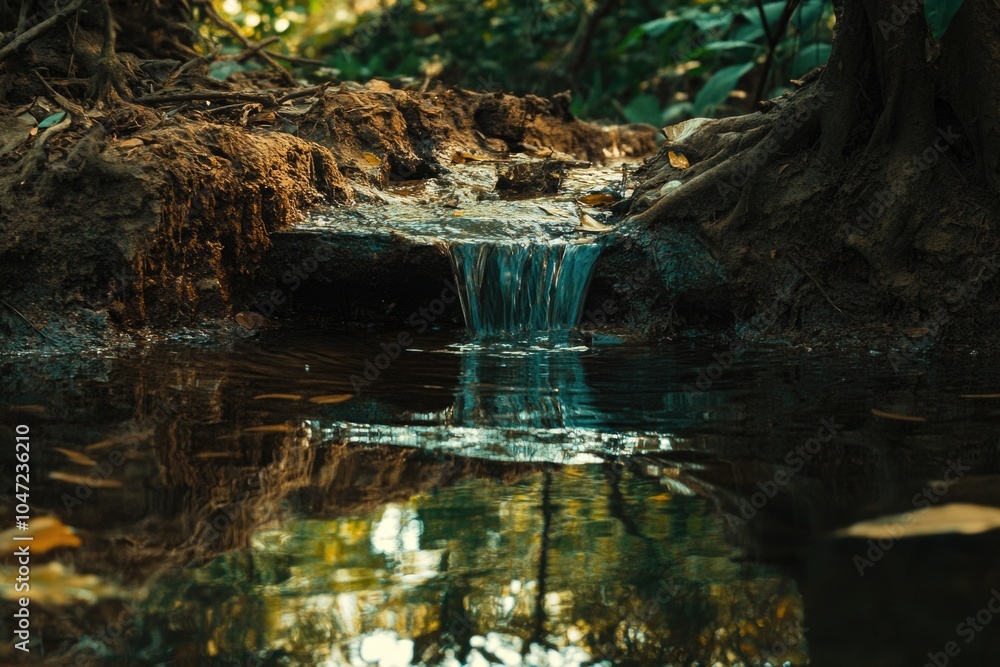 Poster A serene forest scene featuring a small stream running through the trees