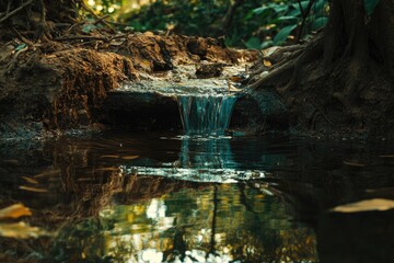 A serene forest scene featuring a small stream running through the trees