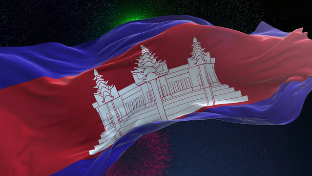 Cambodia flag - Waving flag on celebrating fireworks for national holiday day. Ceremony for patriotic celebration of nation  - Powered by Adobe