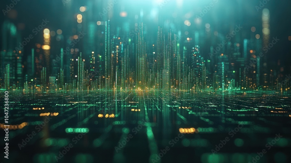 Poster a futuristic digital landscape with glowing data streams and abstract city-like structures.