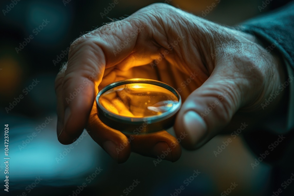 Poster a person examining something closely with a magnifying glass