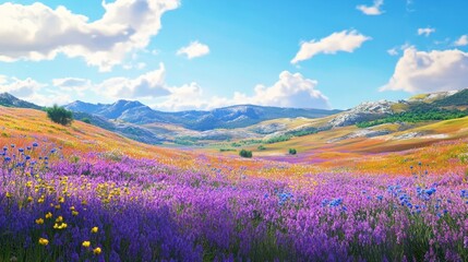 Obraz premium Vivid 3D meadow landscape, high-quality relief, colorful hills, and flat terrain for a bright, natural scene.