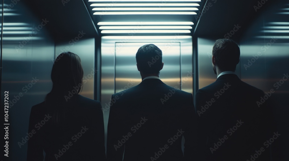 Poster a pair of people waiting in an elevator, ready to move between floors