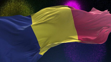 Chad flag - Waving flag on celebrating fireworks for national holiday day. Ceremony for patriotic...