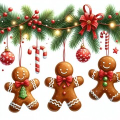 Festive Holly Berry and Сhristmas Decoration  Gingerbread man Composition in Watercolor Illustration
