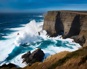 Waves crashing against rugged cliffs at the Wild Atlantic Way during a vivid coastal sunset