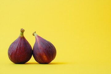 Obraz premium A pair of ripe figs sit together on a bright yellow background