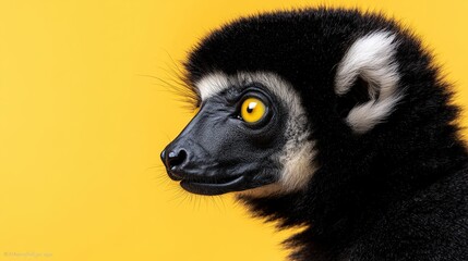 Obraz premium Close Up Portrait of Black and White Lemur with Yellow Eyes on Orange Background