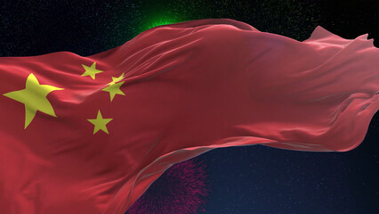 China flag - Waving flag on celebrating fireworks for national holiday day. Ceremony for patriotic celebration of nation 