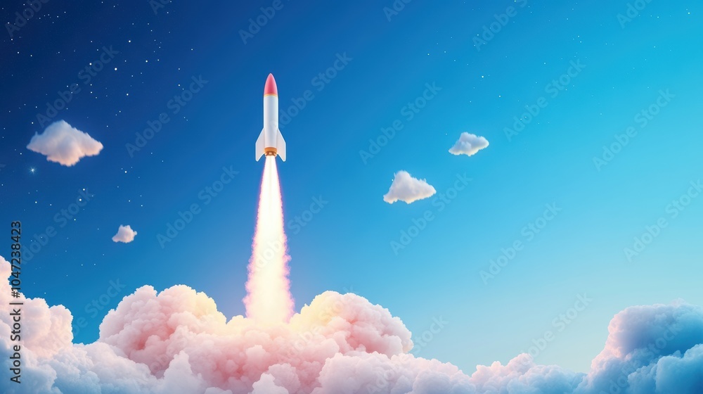 Poster a rocket launching into the sky, smoke trails creating a dramatic display of speed and power.
