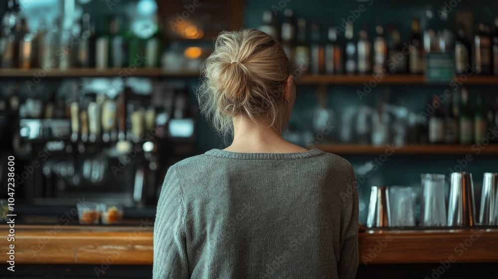 Poster a woman stands in front of a bar filled with various bottles, possibly at home or in a store