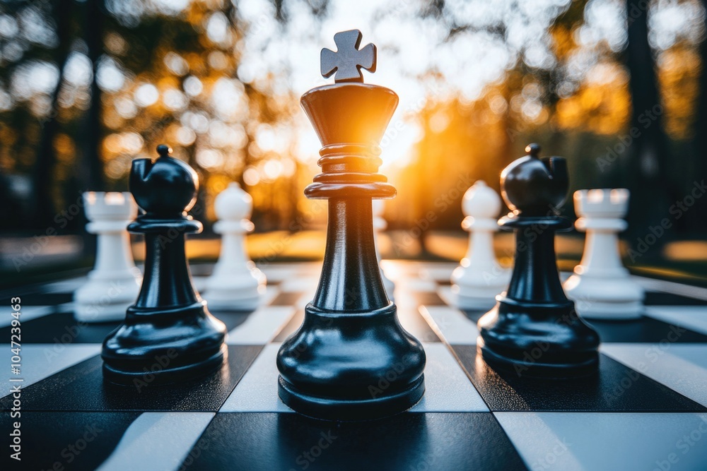 Poster a collection of chess pieces arranged on a wooden chess board, ready for a game