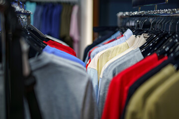 Jumpers, turtlenecks and sweaters on hangers in a clothing store in a shopping mall.