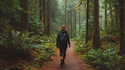 Obraz premium A person walking through a forest, appreciating nature,